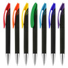 A set of seven pens in black with coloured grips: red, yellow, green, blue, and purple. Each pen has a silver tip and branding.