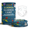 A tubular bandana featuring a colourful science camp design, primarily in blue, with illustrations and a logo.