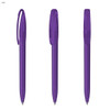 Three purple plastic pens with transparent bodies and clip tops, featuring a sleek design.