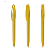 A set of transparent yellow plastic pens with clip and retractable tips, featuring a logo.