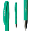 A plastic pen in a vibrant turquoise colour featuring a silver tip and a clip. It includes a logo.