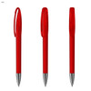 A set of three transparent red plastic pens with silver tips and clips. Each pen has a smooth, sleek design.