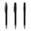 A set of three black plastic pens with smooth finishes and silver tips, featuring a clip on the cap.