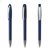 A set of blue plastic pens with a silver clip, displaying three different angles. Each pen features a smooth design.