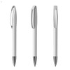A set of three white plastic pens with silver accents. Each pen features a sleek design and a clip.