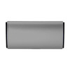 A silver car air freshener with a sleek design. It has a black accent and features a logo.
