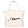 A white tote bag with sturdy handles featuring a logo on the front.