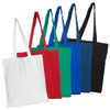A collection of tote bags in white, red, green, blue, dark blue, and black. Each bag features shoulder straps and no gusset.