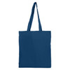 A blue tote bag with double handles and no gusset, featuring a logo on one side.