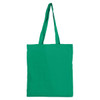 A green tote bag with long handles and no gusset, featuring a logo on the front.