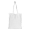 A white tote bag with two handles and no gusset, featuring a simple design and a logo.