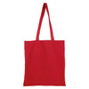 A red tote bag with long handles and no gusset, featuring a logo.