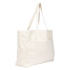 A large beige tote bag with two long straps and a front pocket, featuring a logo.
