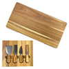 A wooden cheeseboard with a smooth finish, accompanied by four stainless steel cheese knives with wooden handles.