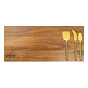 A wooden cheeseboard featuring three gold-coloured cheese knives and a logo.