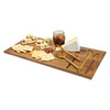 A wooden cheeseboard features a selection of cheeses, crackers, nuts, and a jar of jam, with gold knives included.