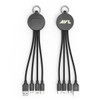 A drink bottle opener with a black charging cable featuring multiple connectors and a logo on one side.