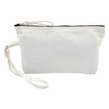 A cosmetic bag in white canvas with a black zipper and a detachable wrist strap. It features a logo on one side.