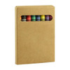 A set of coloured crayons arranged in a cardboard box with a cut-out window, featuring various vibrant colours.
