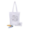 A white foldable calico tote bag featuring a colouring design, accompanied by coloured pens and a notepad.