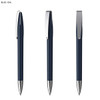 A blue plastic pen with a shiny silver clip, displayed from three angles. It features a sleek design and has a logo.