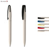 A pen with a cream body and a black clip, accompanied by four ink refills in blue, black, red, and yellow.