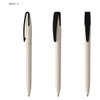 A pen in cream colour featuring a black cap and clip, with a simple design and logo branding.
