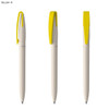 A set of three pens in cream with yellow clips, featuring a logo on the body.