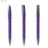 A plastic pen in purple with a silver clip, featuring three angles to showcase its design.