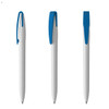 A white plastic pen with a blue clip, featuring a textured design, showcased from three angles.