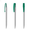 A set of three grey plastic pens with green clips, featuring a simple design and a logo.