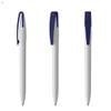 A set of three plastic pens in grey with navy blue clips, featuring a simplistic design and a logo.