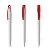A grey plastic pen with a red cap and clip, displayed from three angles. The pen features a logo.