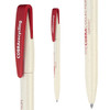 A plastic pen in cream colour with a red clip, featuring a logo and a textured finish.