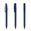 A set of three blue plastic pens with clips, featuring a sleek design and a simple logo.