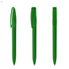 A set of three transparent green plastic pens with clip and cap features. Each pen is sleek and streamlined in design.