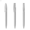A transparent plastic pen in three views, featuring a clear body and a clip, showcasing a simple design.
