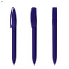 A set of transparent purple plastic pens displayed in various positions. Each pen features a clip and a logo.