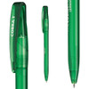 A green plastic pen named "Cobra Transparent", featuring a clip and a logo on the barrel.
