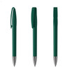 A set of three green metal pens with silver tips, featuring a clip design and a branding logo.