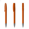 Three orange metal pens with silver accents, featuring a sleek design and a logo on the barrel.