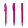 Three bright pink metal pens with a glossy finish and a silver clip, featuring a logo on the barrel.