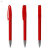 A set of three transparent red plastic pens with silver tips and clips, displayed from different angles.