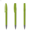 A set of three transparent green plastic pens with black accents and clips. Each pen features a sleek design.