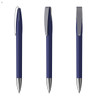 A blue plastic pen with a silver clip, displayed from three angles. The pen features a sleek design.