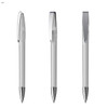 A metal pen in silver with a transparent barrel and a clip, displayed from three angles.