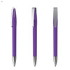 A metal pen in vibrant purple with a silver clip and chrome detailing, shown from three angles.