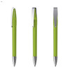A green metal pen with a silver clip is displayed from three angles, showcasing its sleek design.