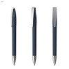 A set of three metal pens with a soft grip in navy blue and silver accents, featuring a logo on the barrel.