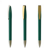 A metal pen in green with gold accents, featuring a sleek design and a clip. It has a logo on the barrel.